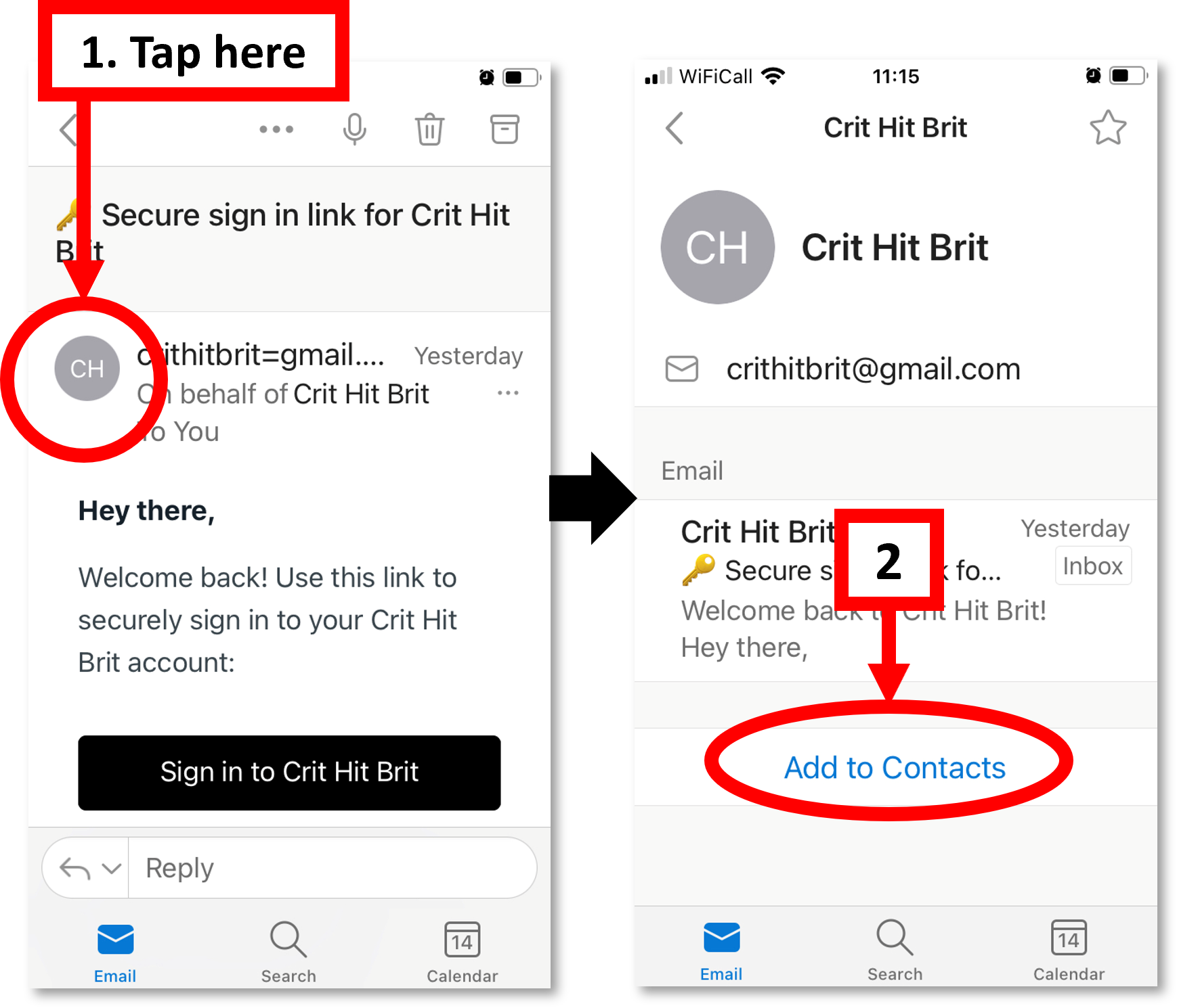 Screenshot of adding contact in the Outlook app