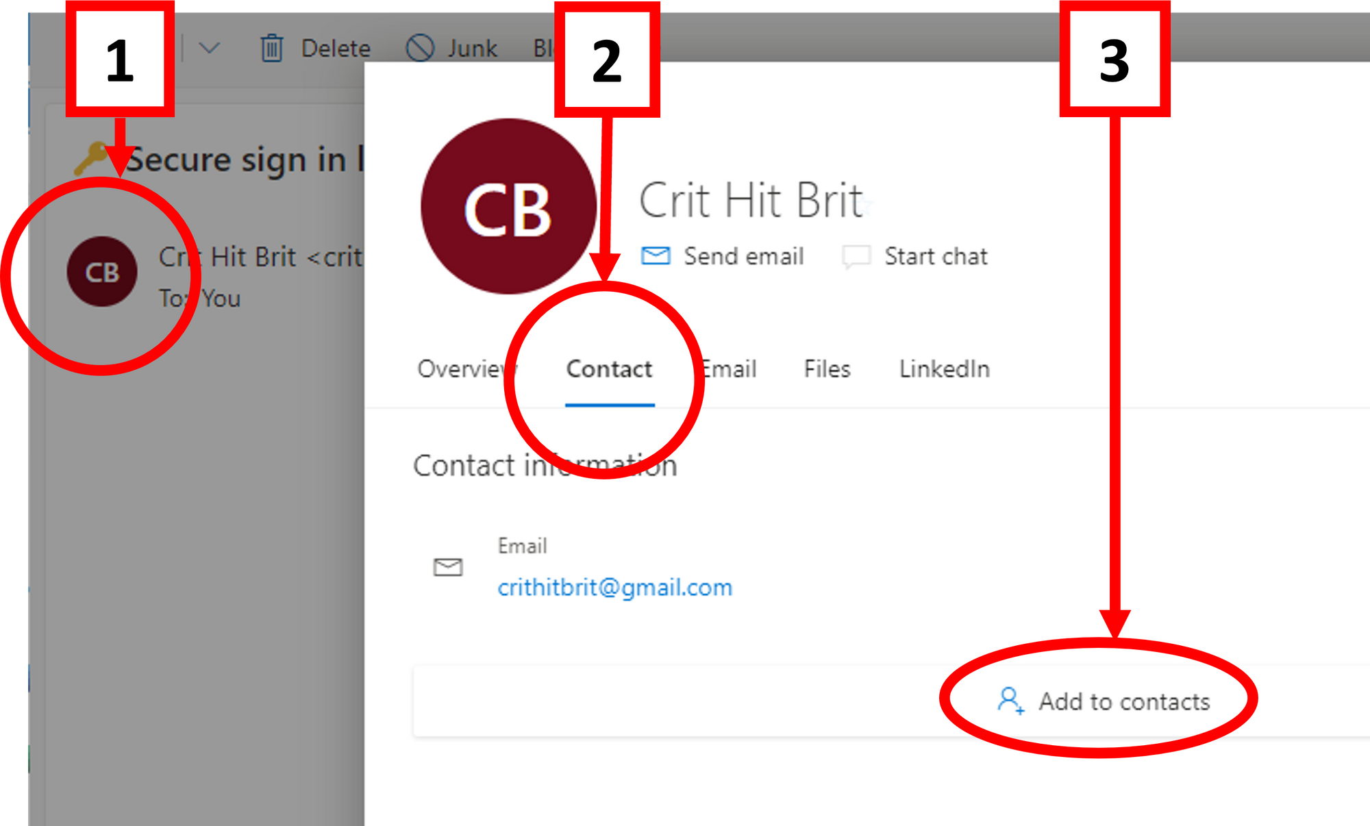 Screenshot of adding contact in Outlook.com