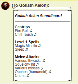 An example soundboard from the Roll20 Chat panel