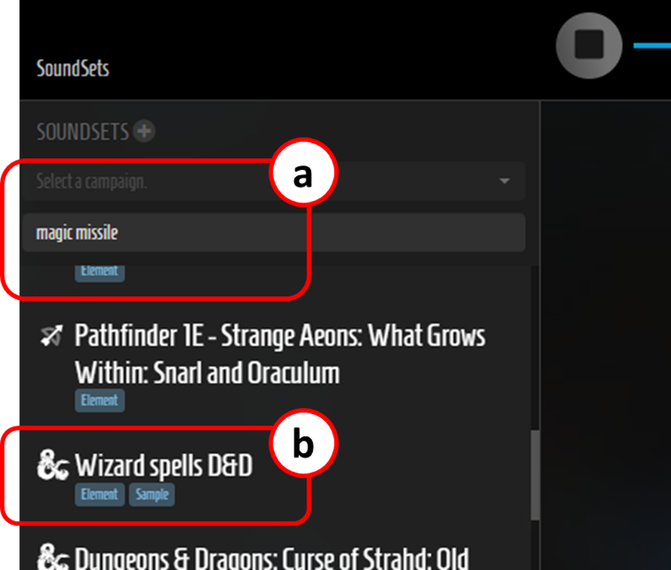 Screenshot of Syrinscape showing the search panel and a list of soundset results, with Wizard Spells circled