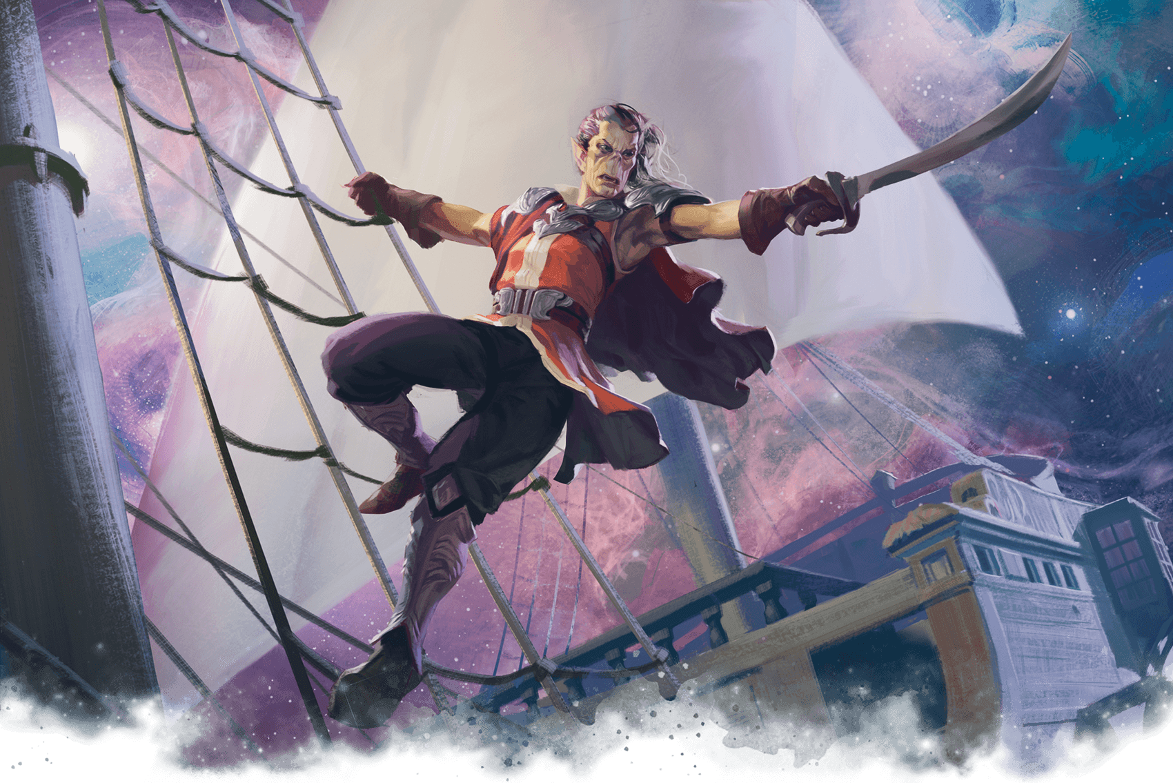 Picture of a Githyanki on the ropes of a ship brandishing a cutlass