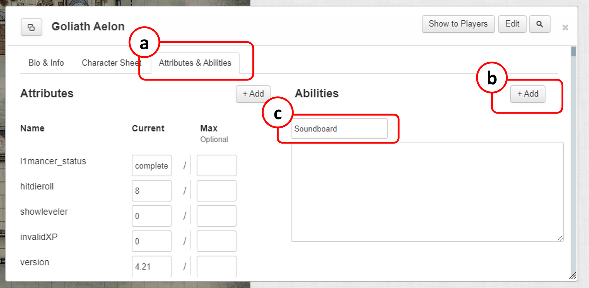 Screenshot of Syrinscape showing steps a, b and c from step 8 above, adding a macro to a character sheet and naming it Soundboard