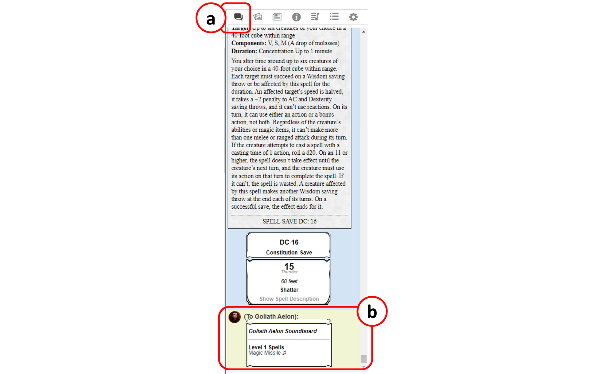 Screenshot of Roll20 showing the Chat panel selected and the new soundboard appearing.