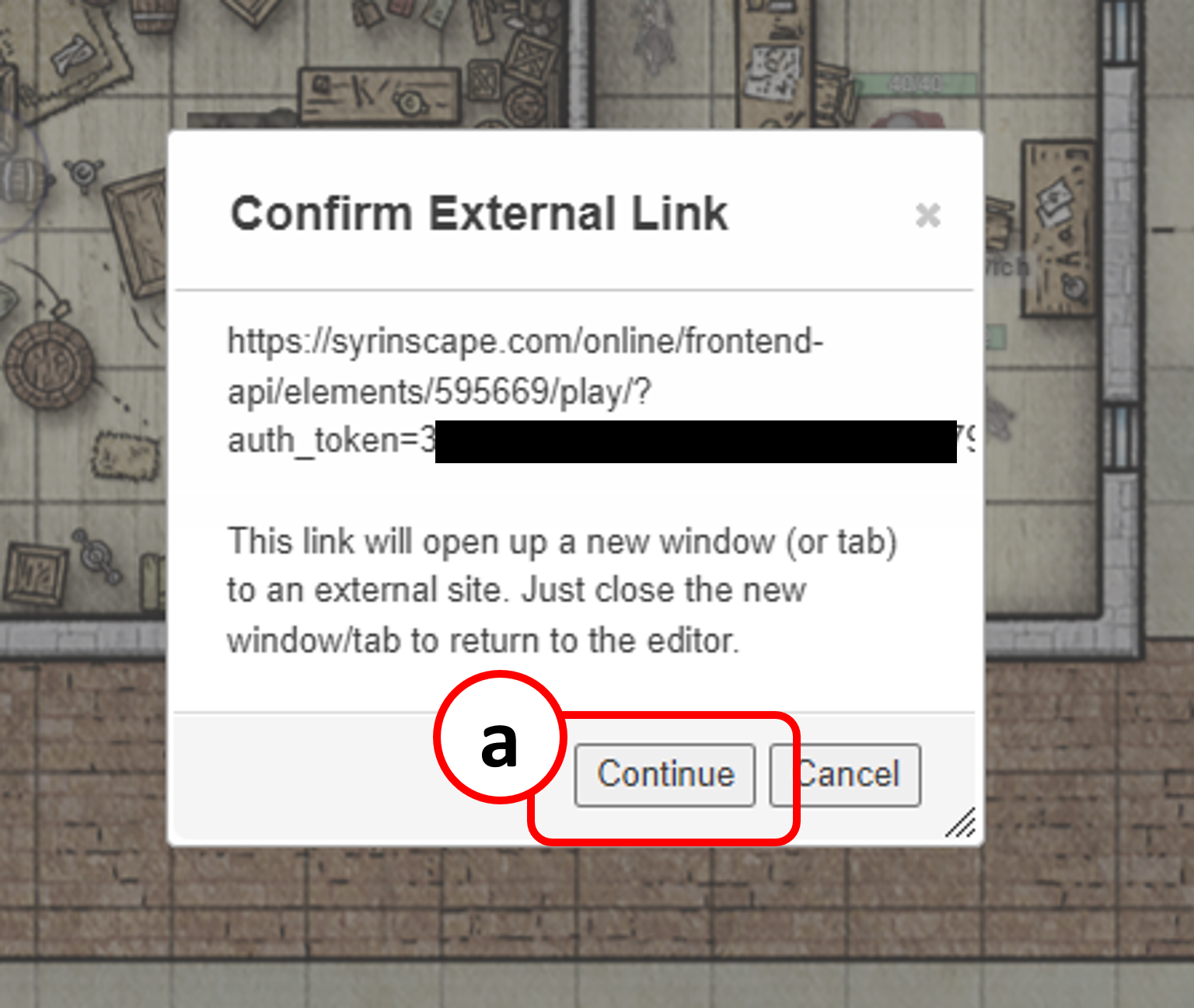 Screenshot of the confirmation message in Roll20 after having clicked the sound on the soundboard, with the Continue button circled