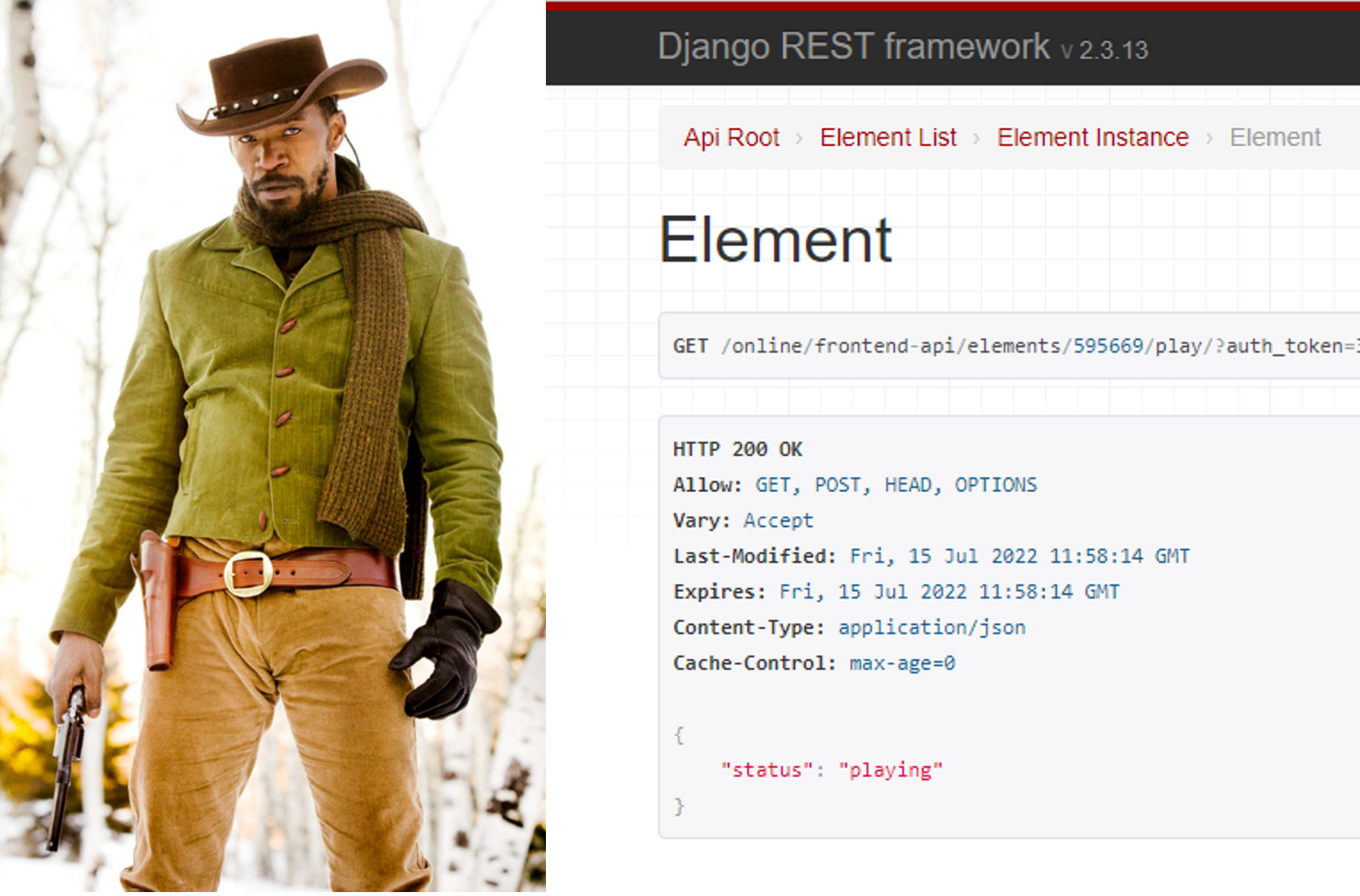 A screenshot of the browser page after pasting in the sound URL, showing some technical wording that includes the word Django. A picture of the main character from the movie Django is on the right.