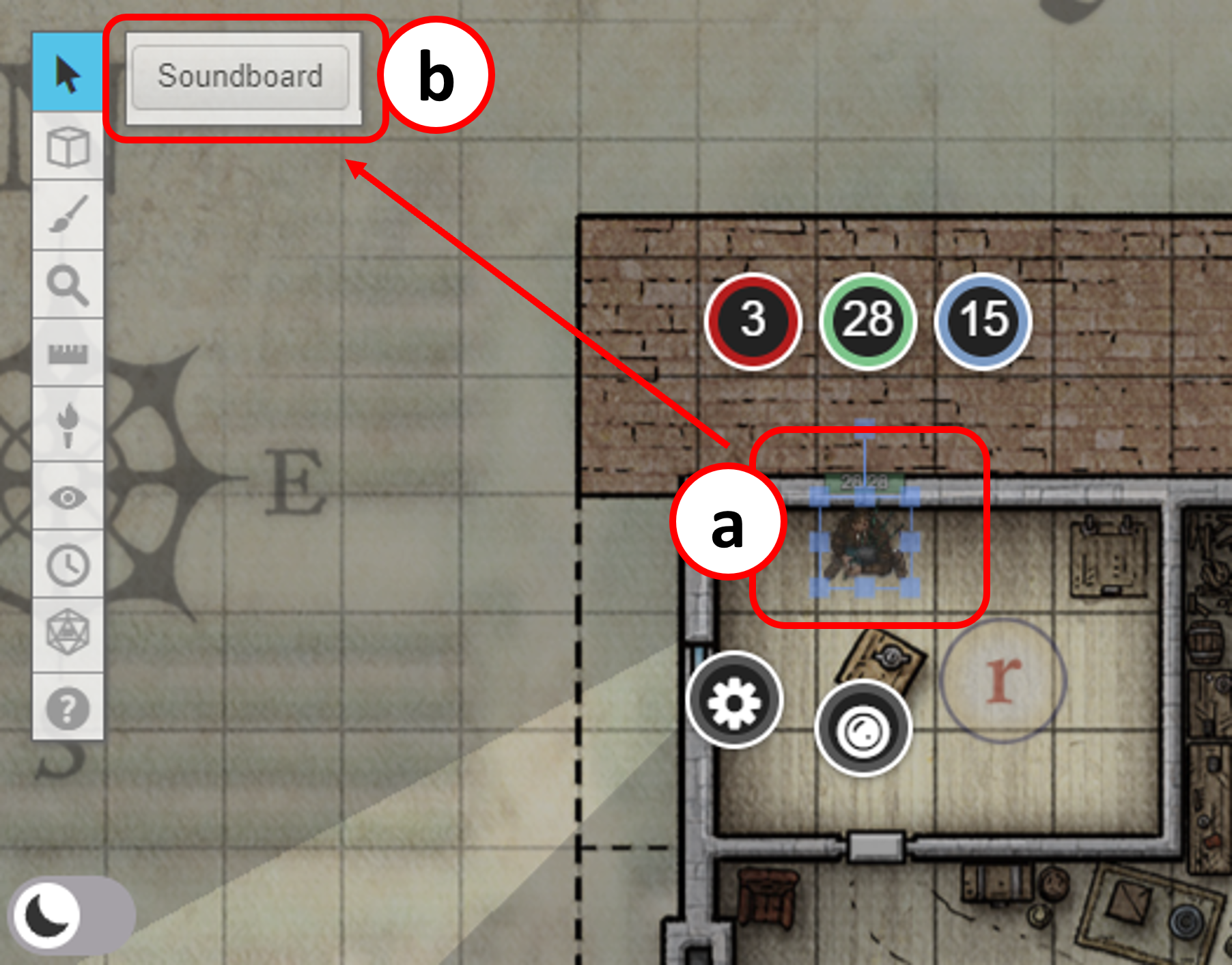 Screenshot of Roll20 showing (a) a token highlighted and (b) the new Soundboard button appearing