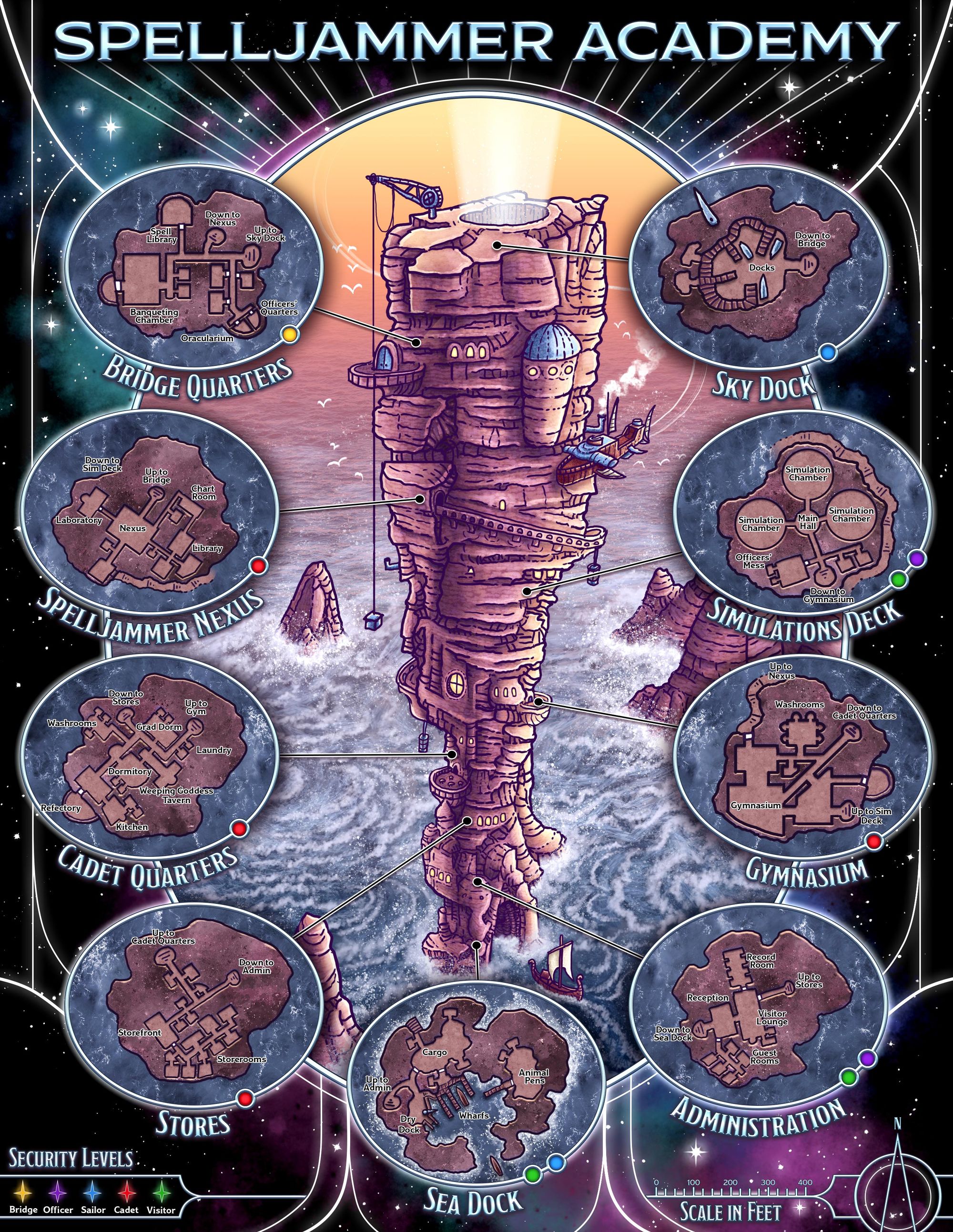 Diagram of Spelljammer academy showing the various areas to explore and their colour codes