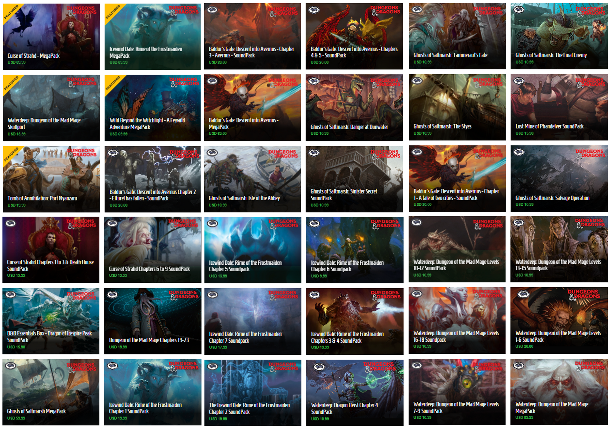 Screenshot of the list of D&D content on the Syrinscape website