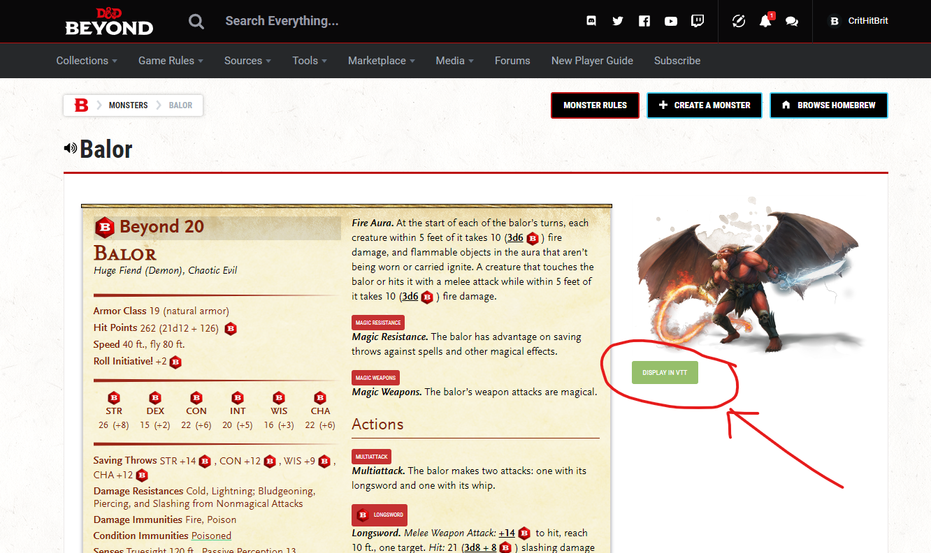 A screenshot of D&D Beyond showing a new "Display in VTT" button under each monster