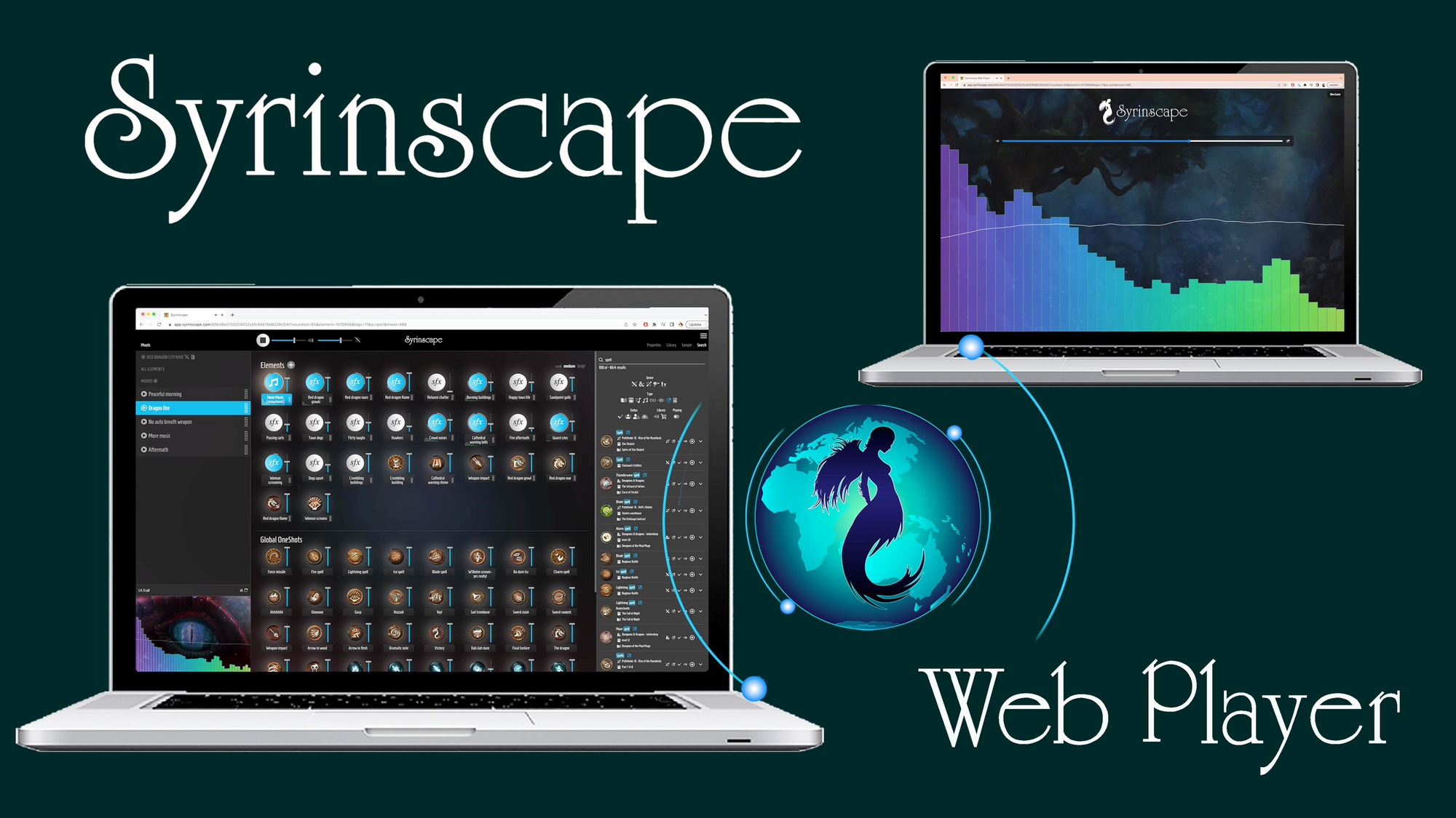 Screenshot of the new Syrinscape Web Player to the right of the Master Interface