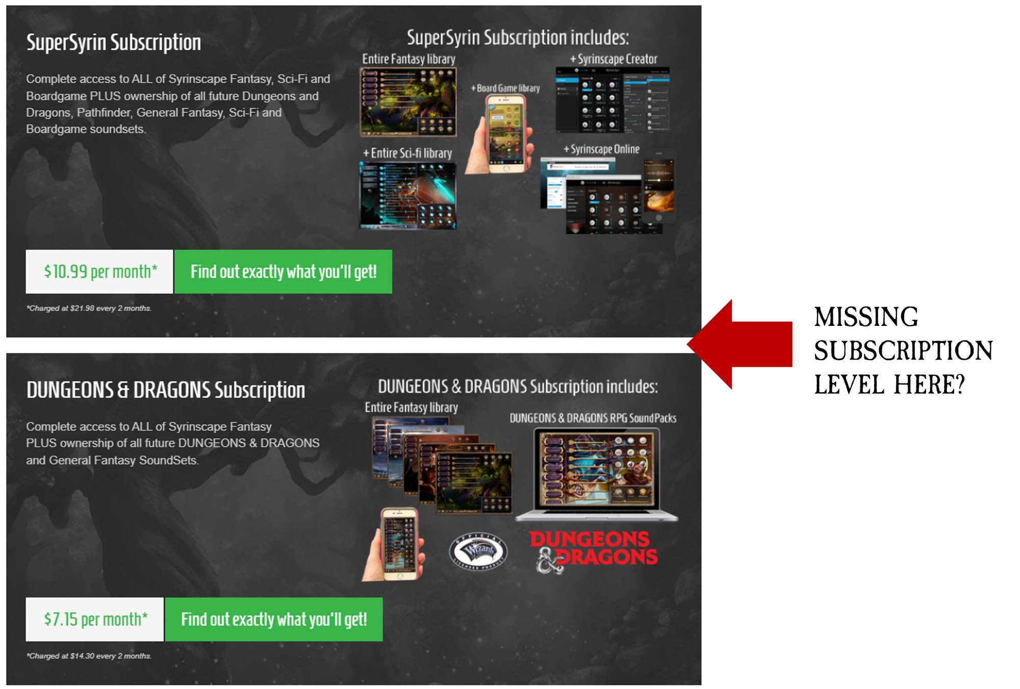 Screenshot of the Syrinscape website showing the subscription options