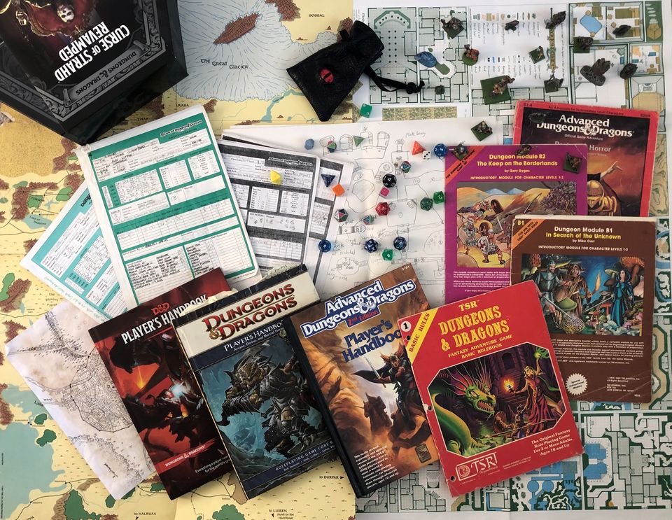 Picture of my collection of DnD stuff, from 1E through to 5E