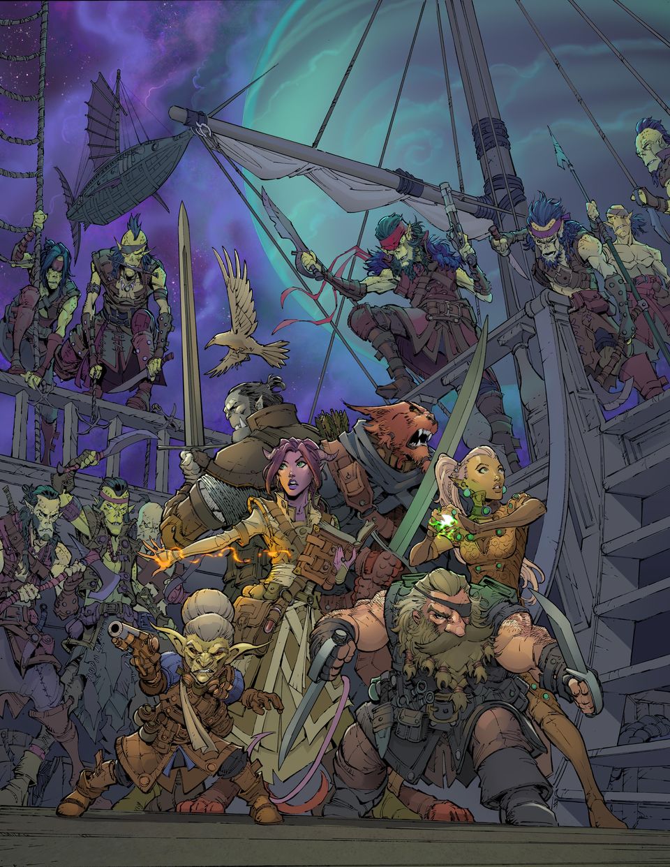 Cover art for Spelljammer Academy showing a party on the deck of a ship, being attacked by what look like Githyanki pirates